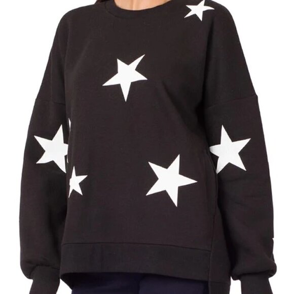 Zenana Star Print Hi-Low Sweatshirt Black White - Picture 1 of 11